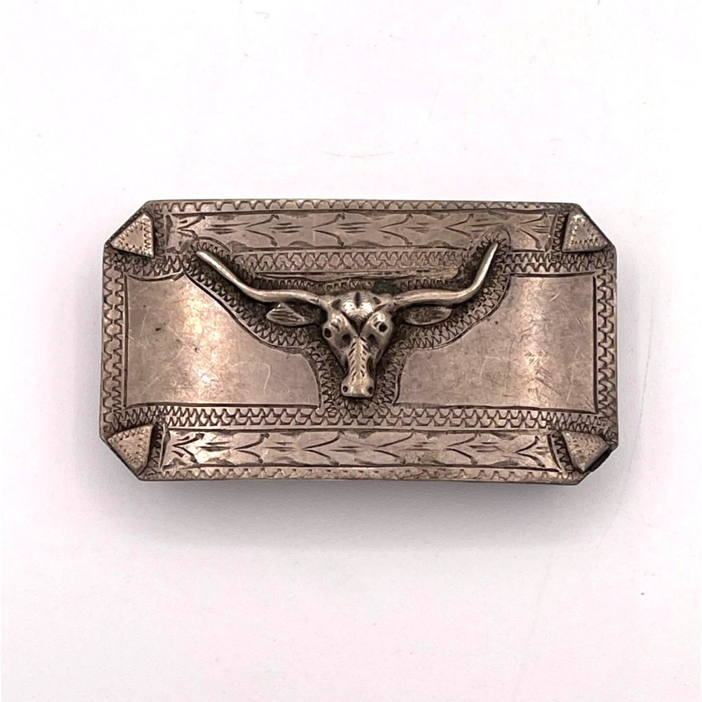 Vintage Longhorn Bull Belt Buckle Sterling Silver Mexico Western Belt